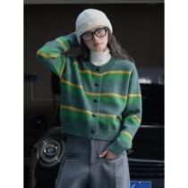 357 Store Winter New Style Japanese Retro Alpaca Striped Contrast Color Soft Comfortable Casual Knitted Cardigan for Women