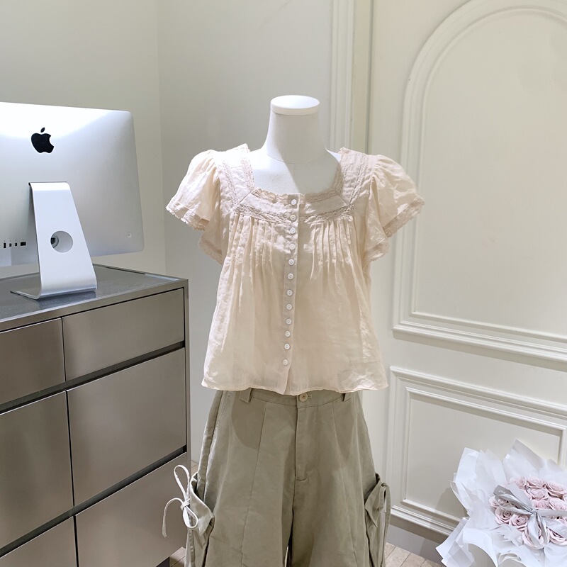 Tengjie 100% Ramie Lace Trim Shirt for Women Summer Shell Button Square Neck Puff Sleeve Striped Top