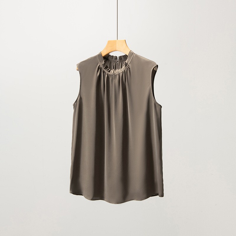 New Satin Silk Vest Shirt for Women, Summer Commuting, Ruffled Edge, Mulberry Silk Sleeveless Top, Mid-Length Style