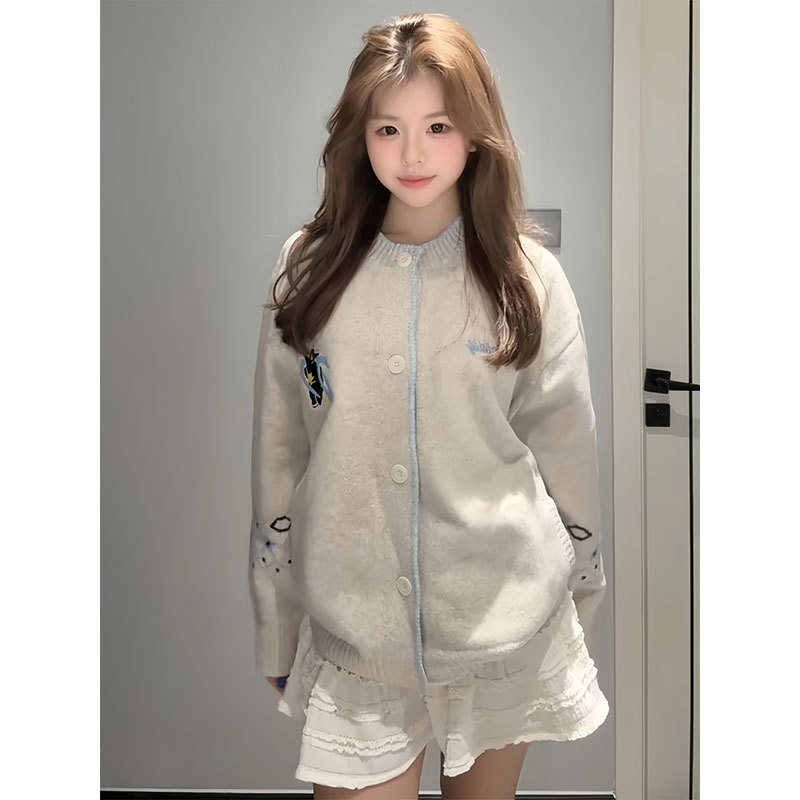 Trendy Brand Sweet Girly Style Kitten Fair Isle Sweater Cardigan for Women, Retro Commuter Fashion Versatile Loose Knitwear