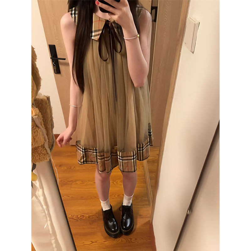 Trendy Japanese-Style Sweet and Cute Plaid Patchwork Doll Collar Dress for Women, Summer Petite Loose Slimming Short Dress