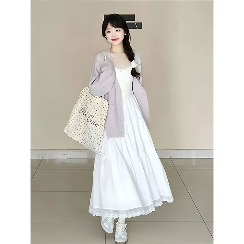 Trendy Brand Sweet Japanese-Style College-Style Knitted Cardigan Sweater Jacket for Women + Waist-Cinching Strap Dress Two-Piece Set