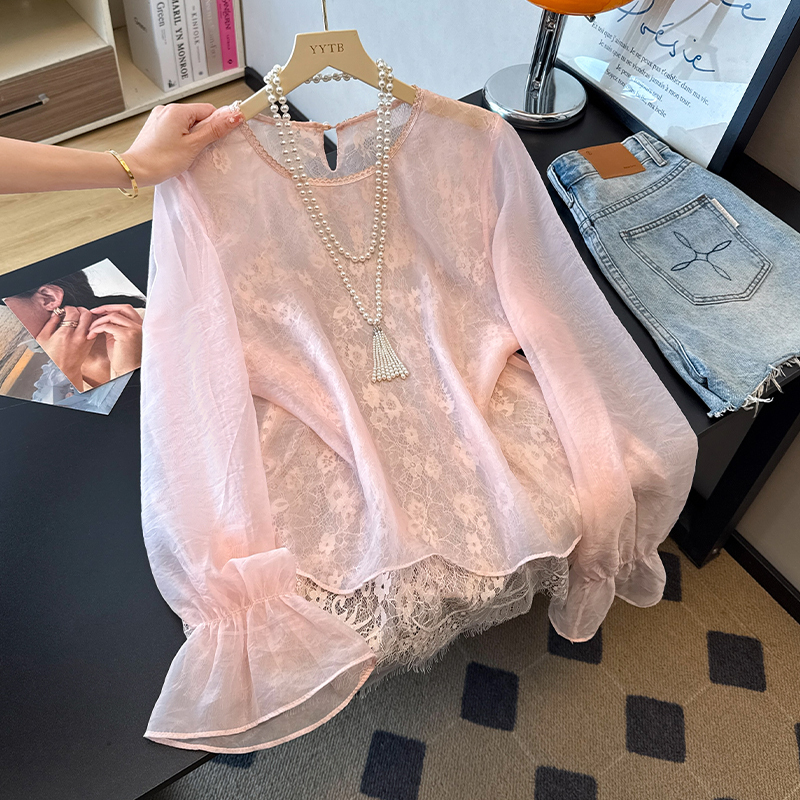 New Chinese-Style Lace Top for Women, Summer Thin Pink National Style Inner Layering Shirt, Unique and Exquisite Long-Sleeve Mesh Shirt