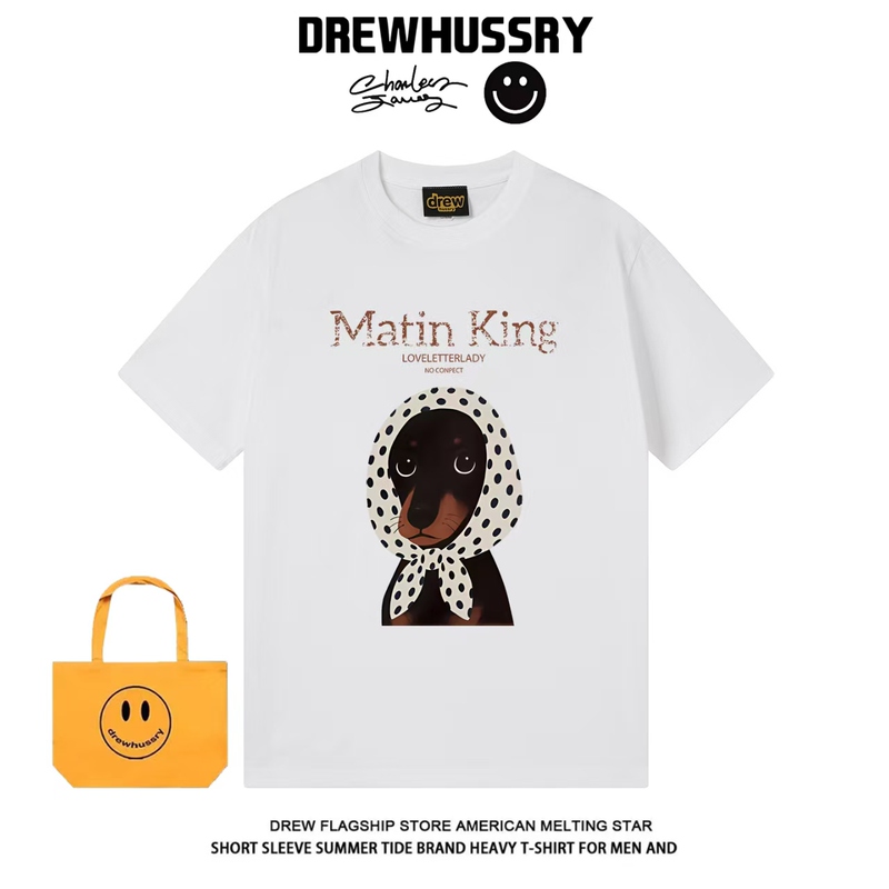 Drew Bandana Dachshund Fun Print American Retro Trendy Heavyweight Short-Sleeve T-Shirt Unisex Street Top Tee