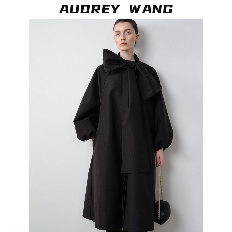 Audreywang Black Bow Collar Mid-Length Trench Coat for Women with Lantern Sleeves, Loose Fit, Slimming Coat Audreywang Black Bow Collar Mid-Length Trench Coat for Women with Lantern Sleeves, Loose Fit, Slimming Coat