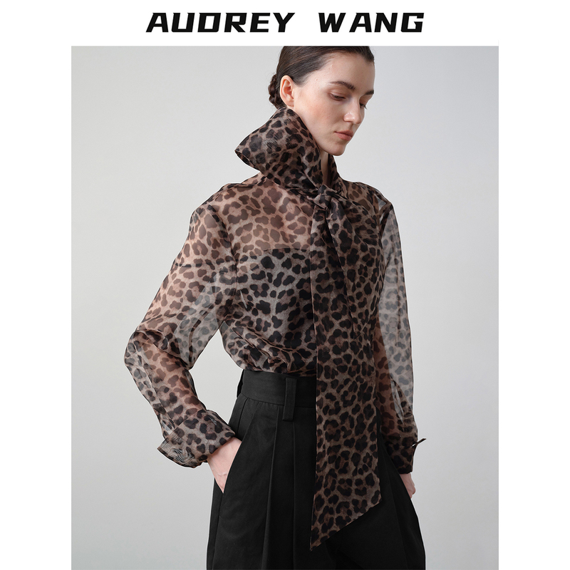 Audreywang Leopard Print Ribbon Bow Shirt for Women, Sheer, High-Quality Mulberry Silk, Long-Sleeved Shirt Audreywang Leopard Print Ribbon Bow Shirt for Women, Sheer, High-Quality Mulberry Silk, Long-Sleeved Shirt