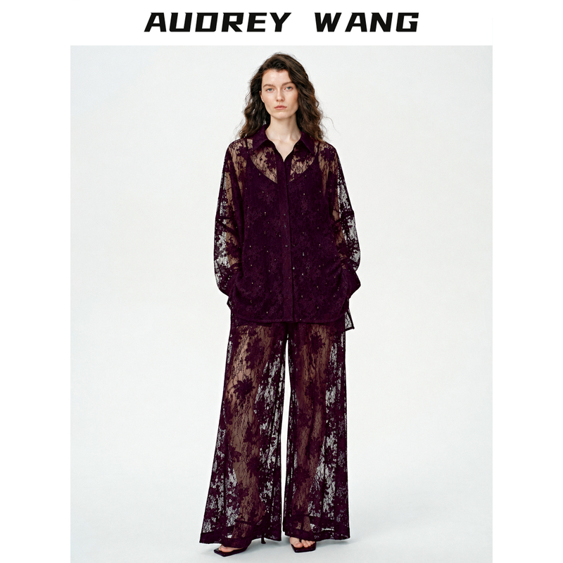 Audrey Wang Dark Style Heavy Beaded Lace Casual Set Summer Sheer Sun Protection Shirt Wide-Leg Pants