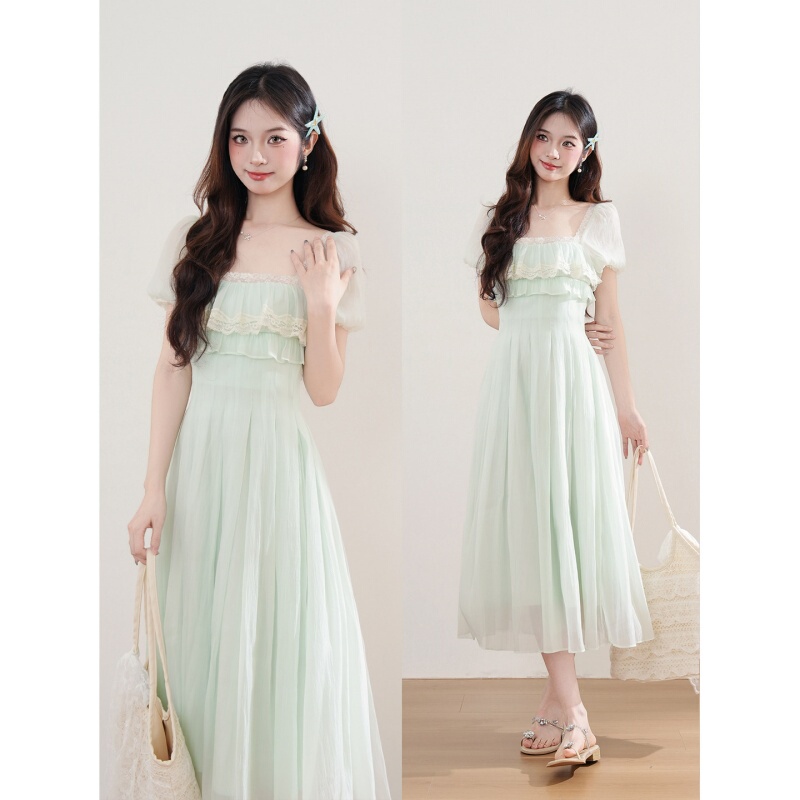 Square-Neck Lace Patchwork Mint Green Travel-Style Dress for Women, Summer Beach Waist-Cinching Solid Color Fairy Long Dress Square-Neck Lace Patchwork Mint Green Travel-Style Dress for Women, Summer Beach Waist-Cinching Solid Color Fairy Long Dress
