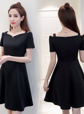 3026#夏装新款韩版时尚气质五分喇叭袖A字裙小礼服连衣裙小黑裙
