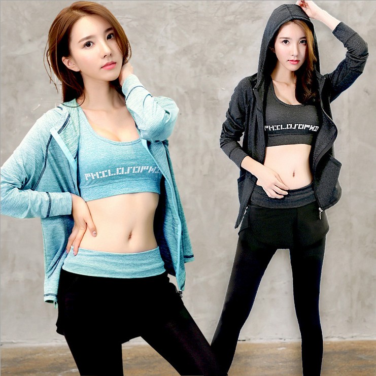 Korean version 2017 yoga sportswear sports fitness suit running clothes three sets speed dry suit with cap jacket long pants woman