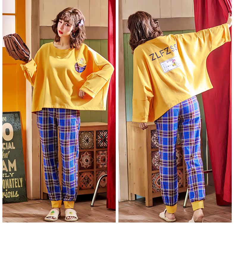 Bộ đồ ngủ bằng vải cotton mới cho nữ mùa xuân phiên bản Hàn Quốc của phong cách Harajuku lỏng lẻo có thể mặc một bộ đồ hoạt hình cô gái phục vụ tại nhà - Bên ngoài ăn mặc đồ bộ ống suông