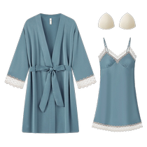 Gongdie (cool type) pajamas for women summer sexy ice silk suspenders home wear long-sleeved bathrobe set with chest pad