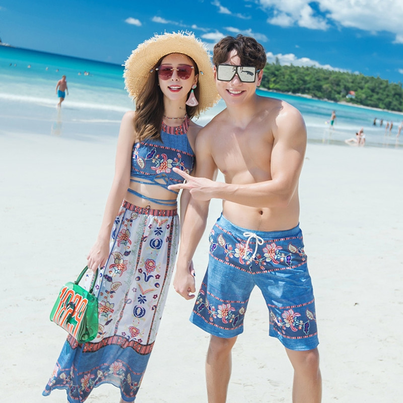 New couple swimsuit two-piece boxers bikini three-piece set gathered small chest bathing hot spring vacation swimsuit women