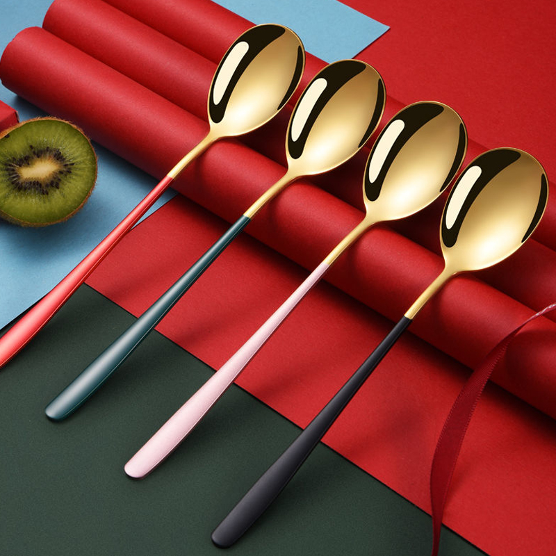 Spoon thickened stainless steel home long handle eat watermelon soup fork student tableware creative children's net red small circle