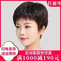 Middle Aged Wig Woman Short Hair Mama Real Hair Net Red All-Headgear Natural Live-action Hair Short Curly Hair Wig Sleeve