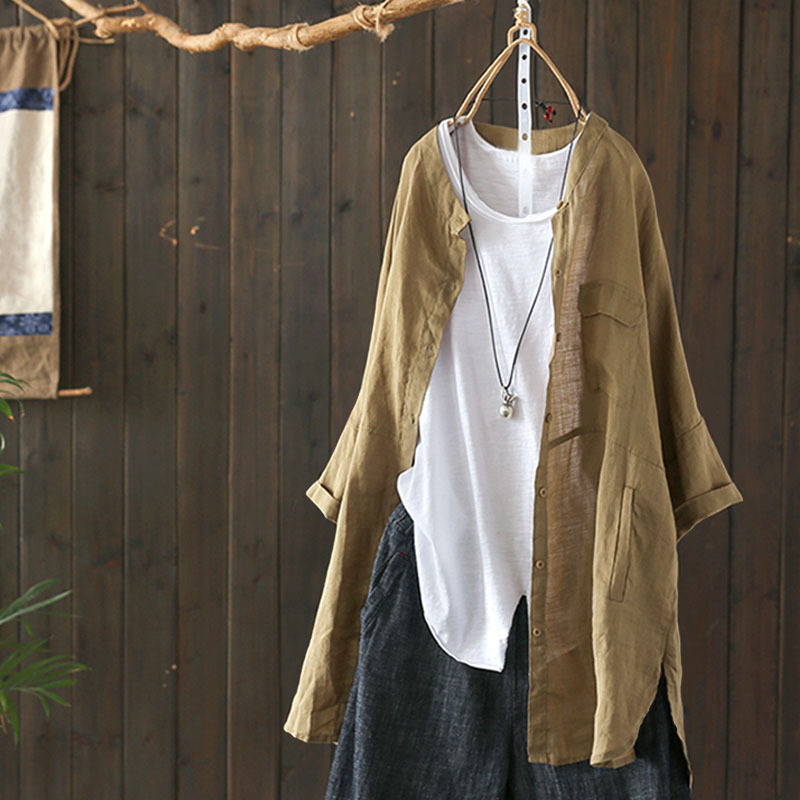 Foreign Trade Brand Surplus, Cut-Label Cotton and Linen Shirt for Women, Sun Protection Shirt, Casual Loose Fit, Slimming Long-Sleeve Outerwear, Linen Top