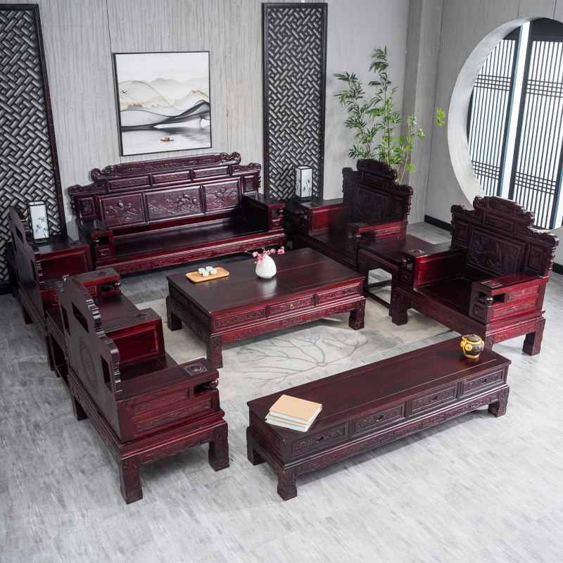 Chinese style solid wood sofa combined living room full solid wood rural large terrace number of winter and summer dual-use elm office big sofa