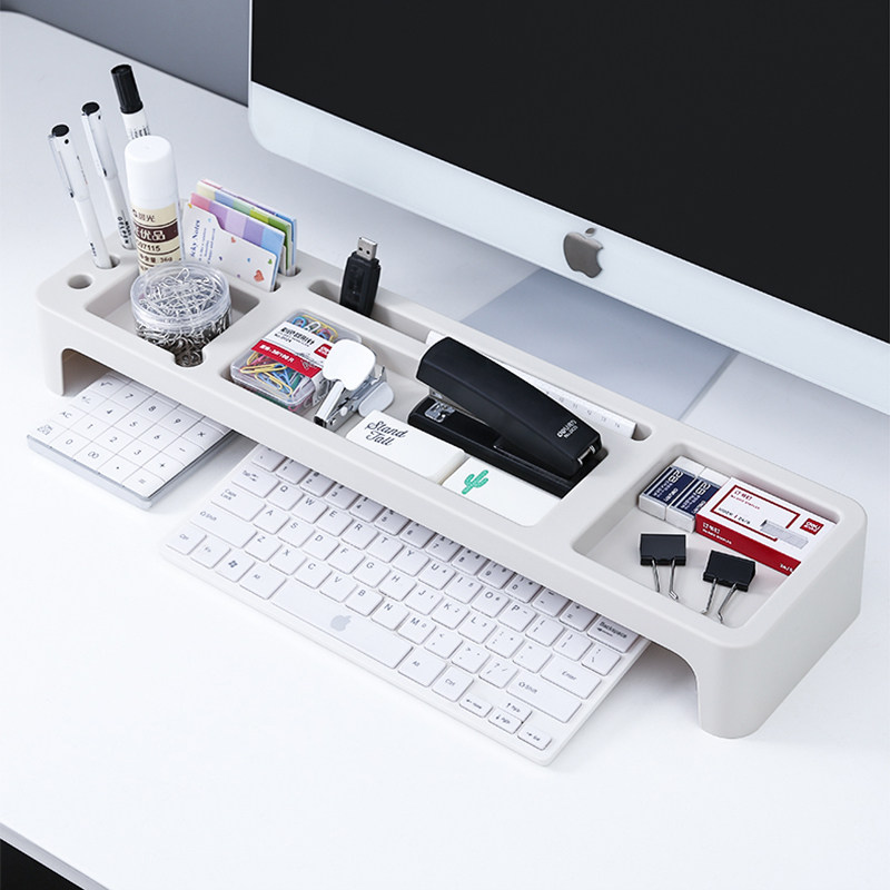 Office desktop containing box minimalist keyboard containing layer shelf plastic debris finishing box computer desk heightening shelf