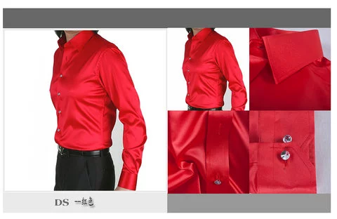 Mùa xuân và mùa thu mới slim-fit men mô phỏng lụa sáng màu trắng satin áo sơ mi màu tinh khiết giản dị áo sơ mi dài tay - Áo