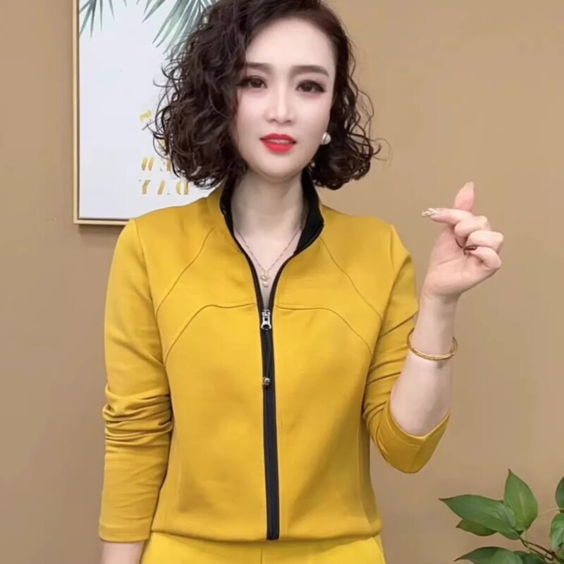 Spring New Style Double Zipper Stand Collar Long-Sleeve Cardigan for Women, Slimming Casual T-Shirt, Elastic, Age-Reducing, Fashionable Top Jacket