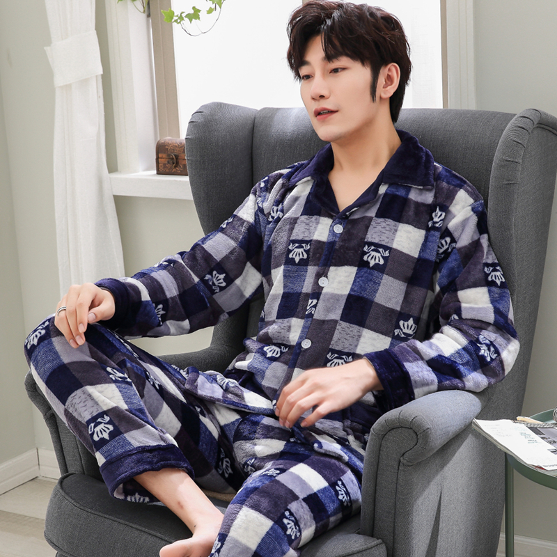 Đồ ngủ nam dày mùa đông cộng với nhung dài tay flannel thanh niên mùa đông san hô lông cừu dịch vụ nhà phù hợp với nam mùa thu đông đồ bộ mặc nhà bằng vải thun