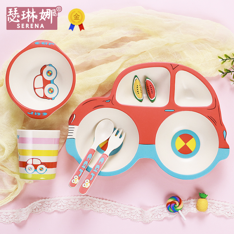 Children's car dinner plate set bamboo fiber wooden baby tableware anti-fall cartoon eating bowl home car plate