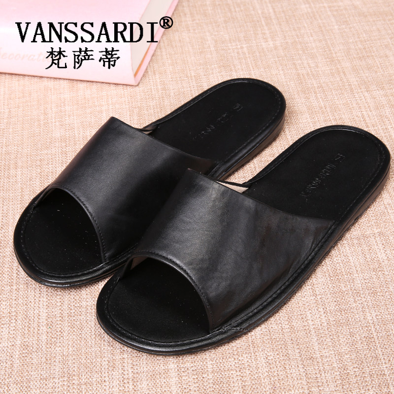 Men's upscale Home leather slippers New headlayer Bull Leather Soft Bottom Silent Wood Floor Genuine leather lined with summer large size