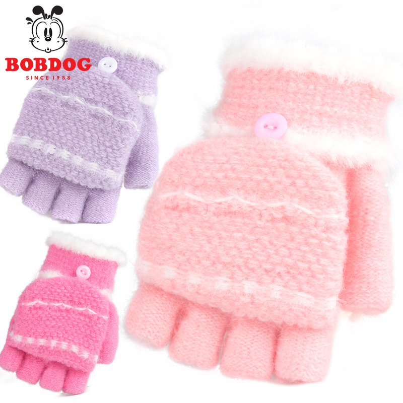 Babu bean clamshell gloves female winter cute student half finger warm plus fluff thickened children's baby writing