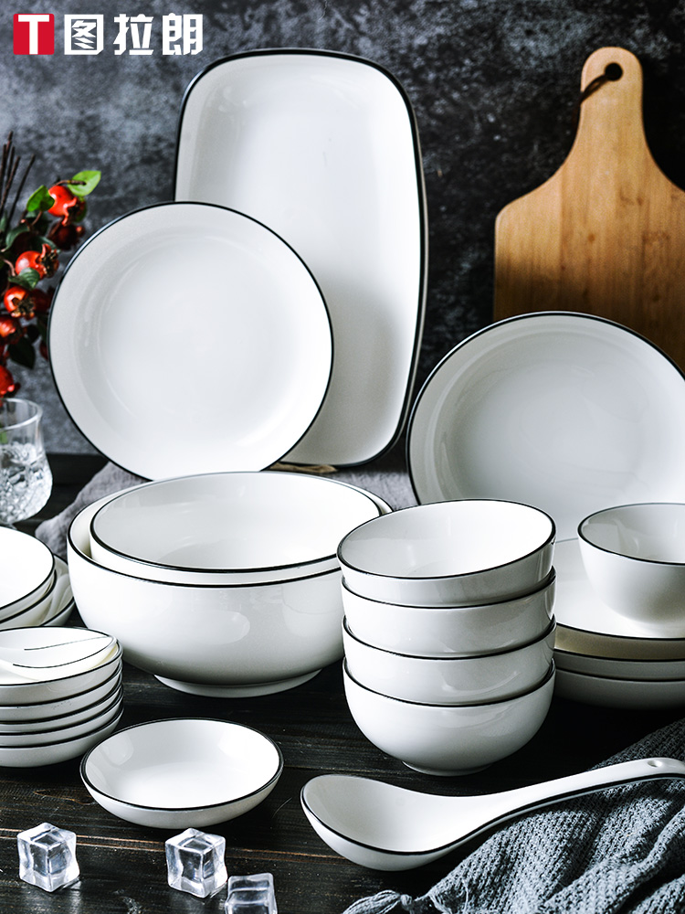 Bowl and dish set meal set bowl plate household underglaze color white porcelain bowl ceramic dish bowl soup spoon combination tableware