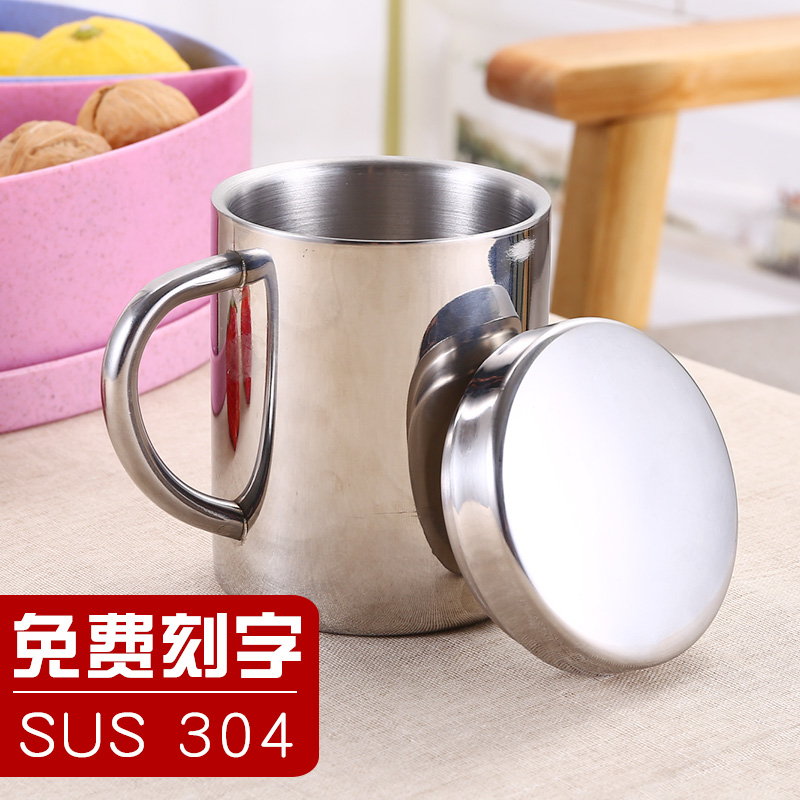 Kindergarten 304 stainless steel mouth cup double insulation water cup thickened metal teacup wash cup with handle