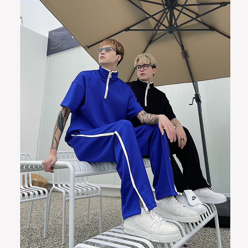 (Love Wearing Help) Ins Nets Red Design Sense High Collar Short Sleeve Sweater Suit Male Klein Blue Sports Casual Tide