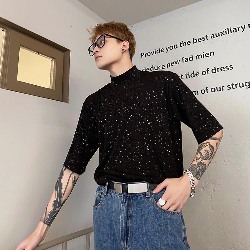 (Love to wear help) 2022 Spring Festival Full Star sequin Design Semi-high collar Short sleeves T-shirt Male High level Sensation Hitch