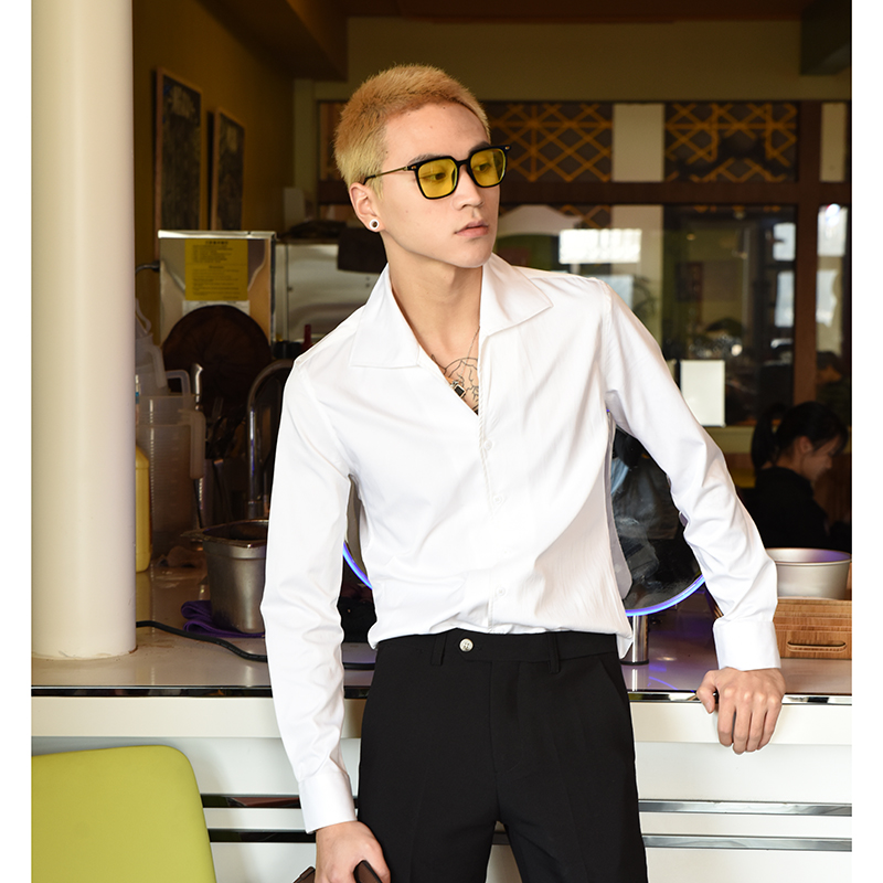(Love to wear) Advanced feeling cold wind shirt design sense male ruffian handsome collarless white shirt Cuban collar coat