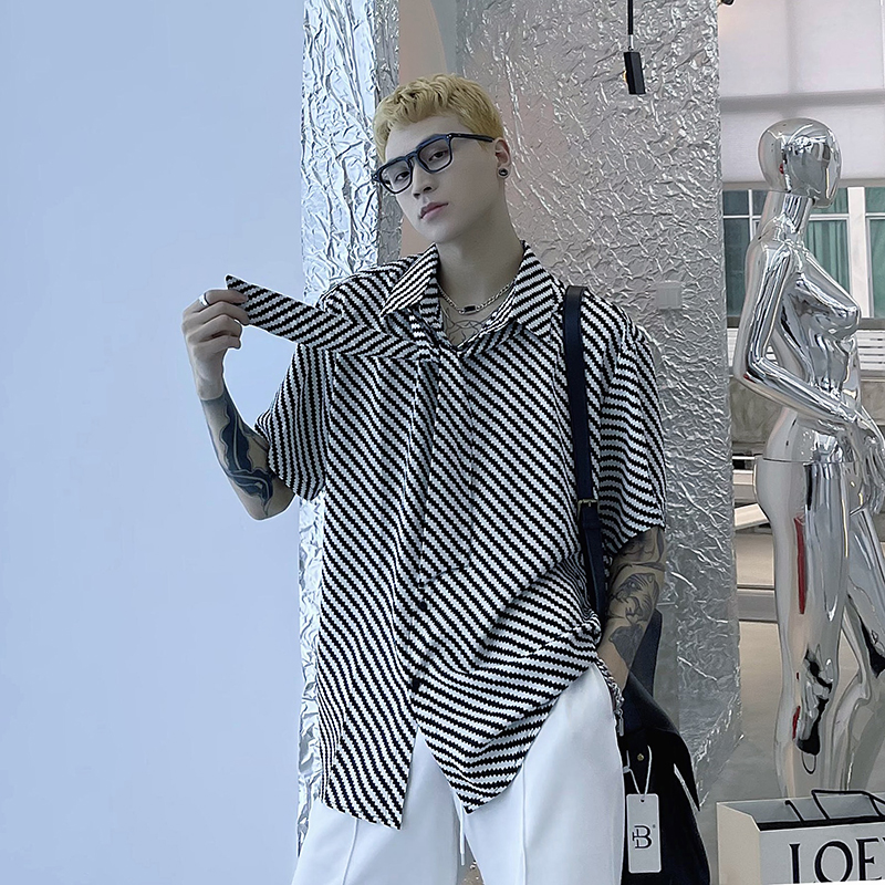 (Love To Wear Help) Tie Design Sensual Stripes Printed Collared Small Crowdshirt Male Senior Light Lavish Loose Shirt Tide