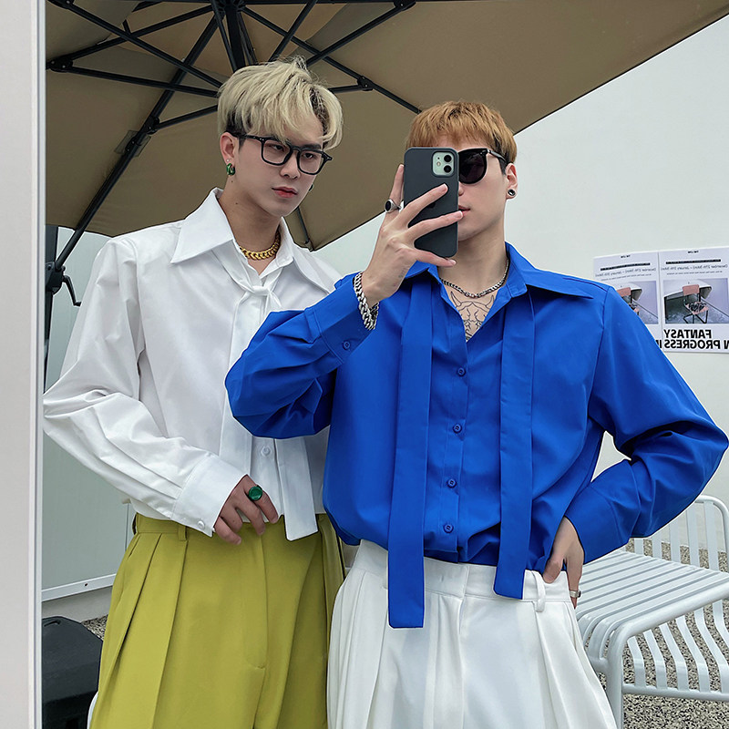 (Love To Wear Help) Tie Decoration Design Sense Long Sleeve Shirt Male Trendy Senior Klein Blue Fried Street Shirt Tide