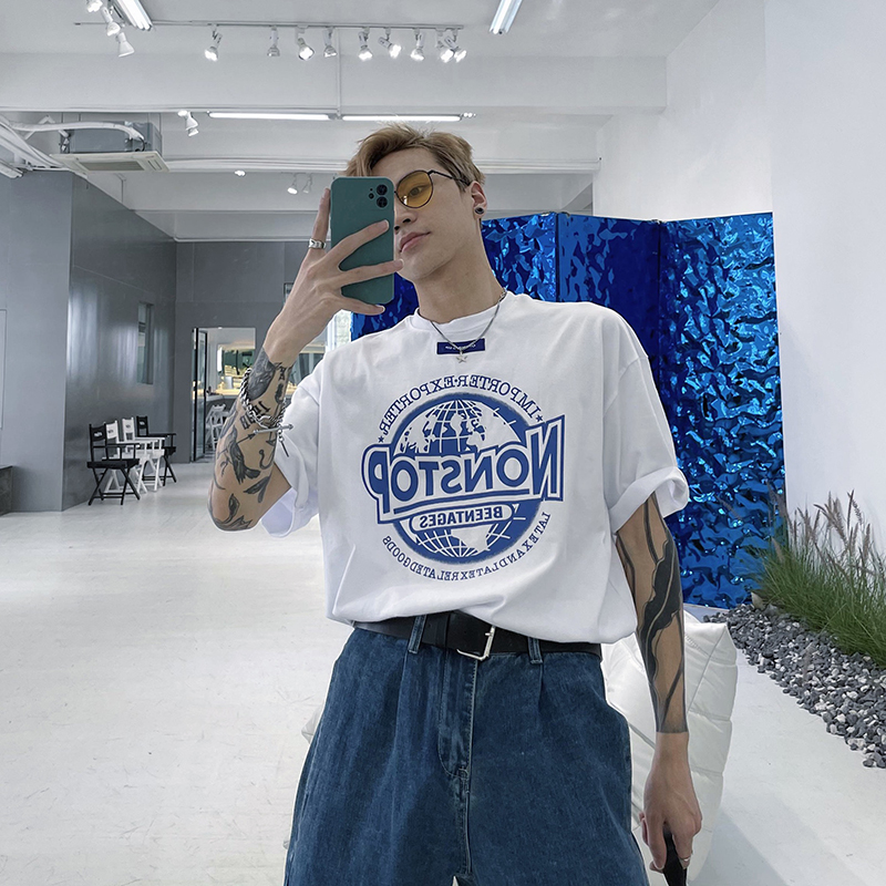 (Love to wear help) Summer lovers printed pattern short sleeves T-shirt male loose round collar ins Chauffes overfire net red