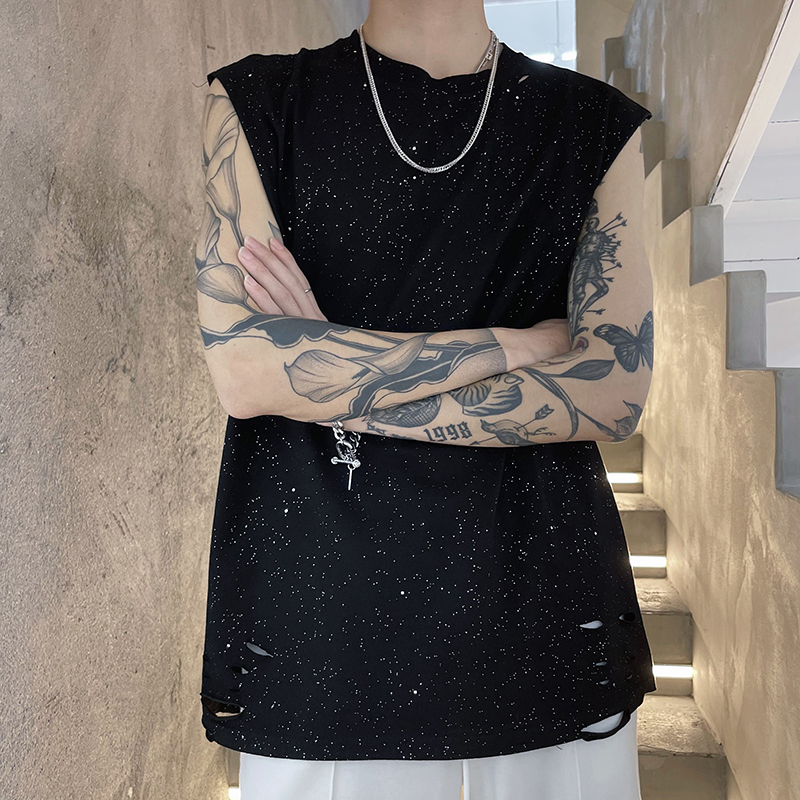 (Love to wear help) Full Star sequins Vest Men Ins over Fire Chains Breaking Holes Easy without Sleeveless T-Shirt Superfire