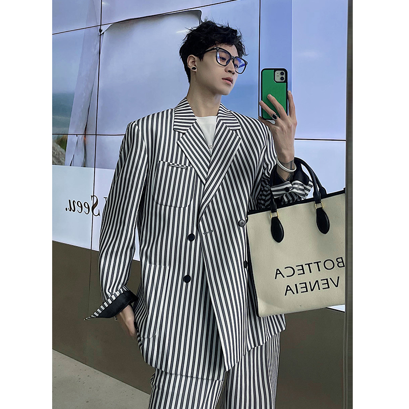 (Love to wear help) Spring Summer Korean wind striped collage double-row buttoned suit suit men's and women's ruffiths handsome casual Western suit