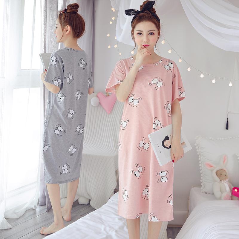 Nightdress nữ mùa hè bông ngắn- tay kích thước lớn lỏng váy dài ngọt ngào dễ thương sinh viên đồ ngủ phụ nữ mùa hè mặc