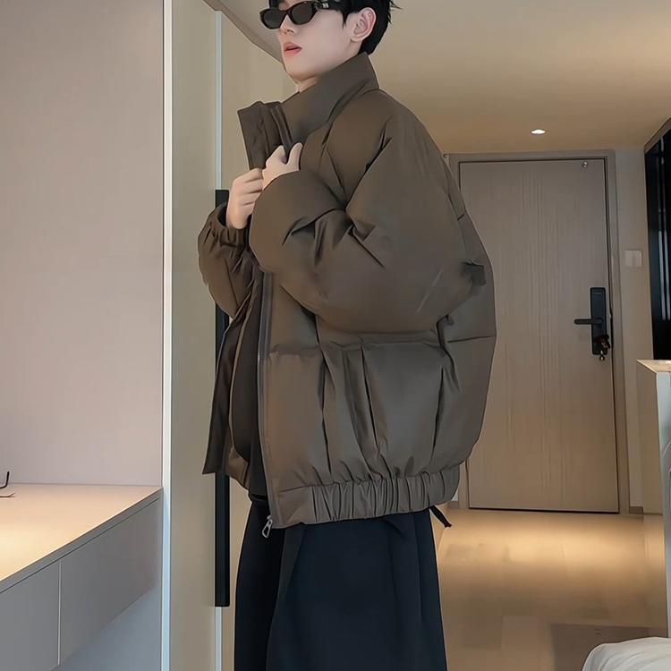 Men's Winter Thickened Warm Short Pu Leather down Jacket with Stand Collar, Jiujiang Bread-Style Cotton Coat