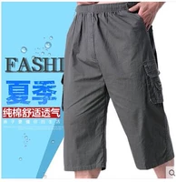 Đàn ông trung niên cotton nhiều túi cắt quần Đàn ông trung niên cộng với phân bón XL cao eo đàn hồi quần short 7 quần đồ nam đẹp