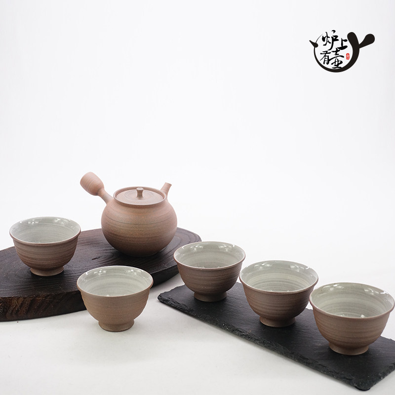 Tokoname, Japan, Shimizu source two, old Hojo Hojo hand-made pottery tea set, nine palace pots, one pot and five cups