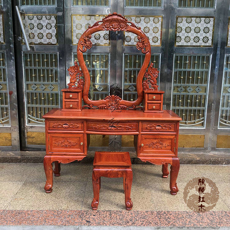 Red Wood Furniture Myanmar Flowers Pear Wood Makeup Table Makeup Table Stool Big Fruit Purple Sandalwood Solid Wood Makeup Table Two Pieces