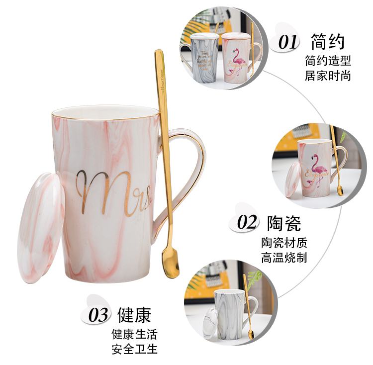 Mug ins hồng cô gái tim cẩm thạch chén gốm Bắc Âu vài cốc cốc cà phê có nắp đậy muỗng