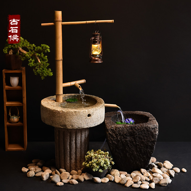 Stone trough fish tank old stone mill flowing water balcony ornaments Chinese-style waterscape outdoor courtyard landscape indoor old stone flower pot