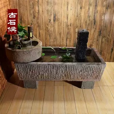 Old cattle trough combination running water with stone trough fish tank stone pot flower pot ancient Chinese play shop decoration Poly rich feng shui old pig trough