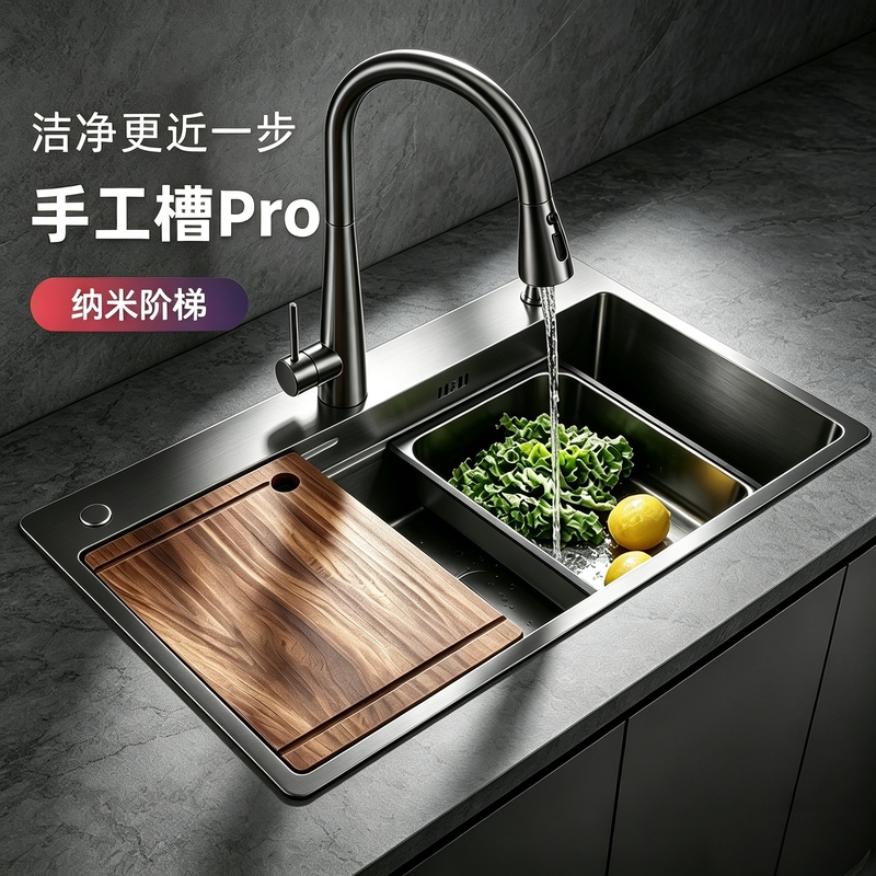Oulin Official Stainless Steel Handmade Sink Kitchen Double Step Nano Large Single Sink Vegetable Washing Basin 9158 Genuine Product