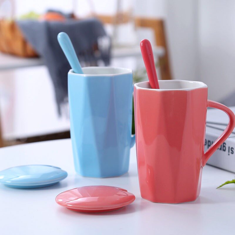 Mug with lid Spoon Ceramic breakfast cup Geometric shape Household couple cup Coffee cup Drinking cup