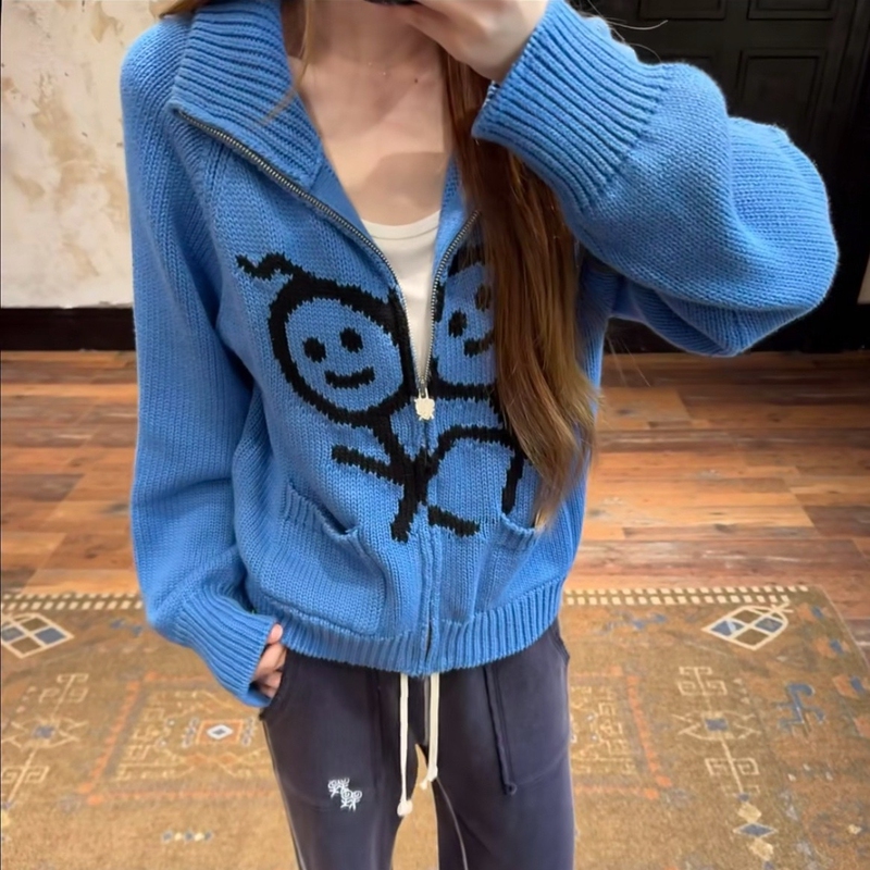 Heavy-Duty! Urban Stickman Jacquard Large Logo Knit Cardigan, Korean Trendy Brand, Warm Casual Sweater for Men and Women
