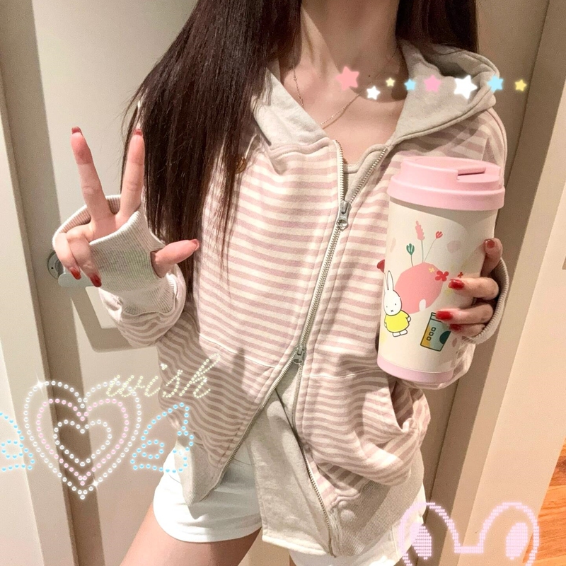 [Official Website Authentic] Themuseumvi Korean Style Spring and Autumn Striped Y2K Light Asian Style Hooded Jacket Women's Top